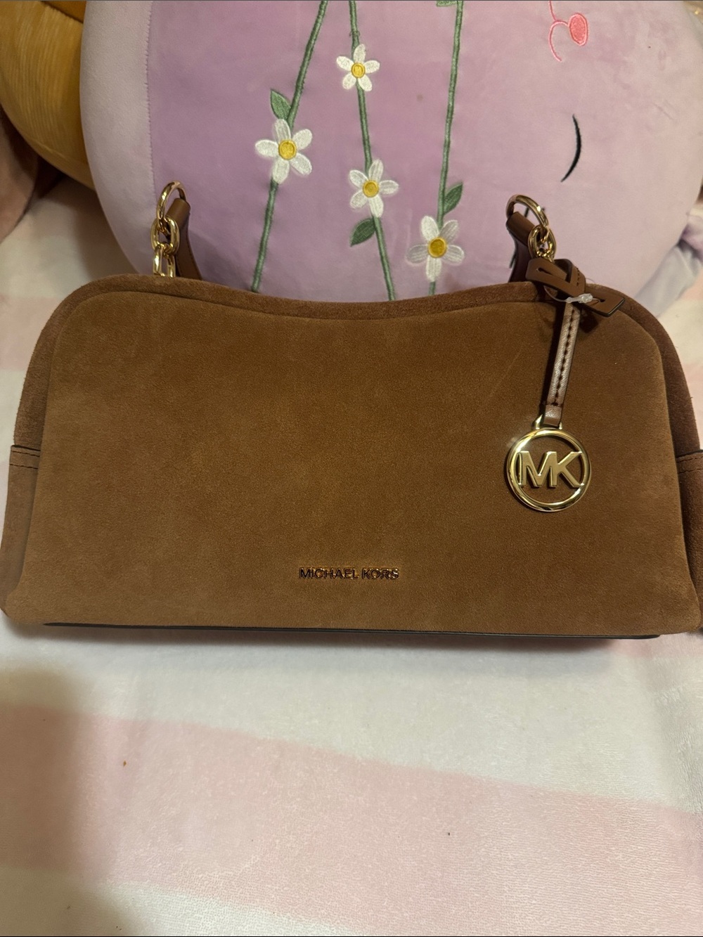 Michael Kors Suede Shoulder Bag in Brown with Gold MK Charm